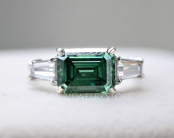 3 Carat Emerald Cut Green Moissanite Engagement Ring, East West Three Stone Ring, 14k White Gold Colored Moissanite Ring, Anniversary Ring