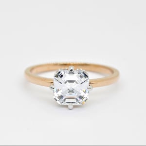2 Carat Asscher Cut Moissanite Engagement Ring, Compass Prong Set Wedding Ring, Vintage Hidden Halo Engagement Ring, Gold Anniversary Ring