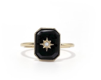 14k Solid Gold Northern Star Ring, Black Onyx Engagement Ring, Emerald Cut Onyx Ring, Vintage Onyx Art Deco Ring, Celestial Anniversary Ring