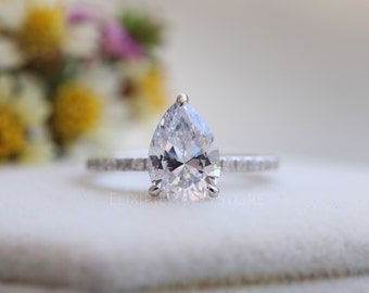 2 Carat Pear Cut Moissanite Engagement Ring, Vintage Pear Diamond Wedding Ring, 14k White Gold Pear Solitaire Anniversary Ring, Promise Ring