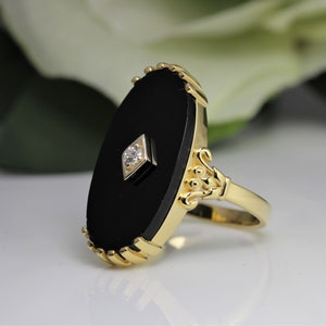 Onyx Art Deco Ring, Vintage Oval Shape Onyx Engagement Ring, 14k Solid Gold Antique Onyx Anniversary Ring, Filigree Ring, Victorian Ring