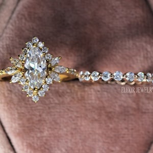 14k Gold Marquise Cut Moissanite Engagement Ring Set, Full Eternity Wedding Band, Pave Set Marquise Cluster Diamond Ring Set-Bridal Ring Set