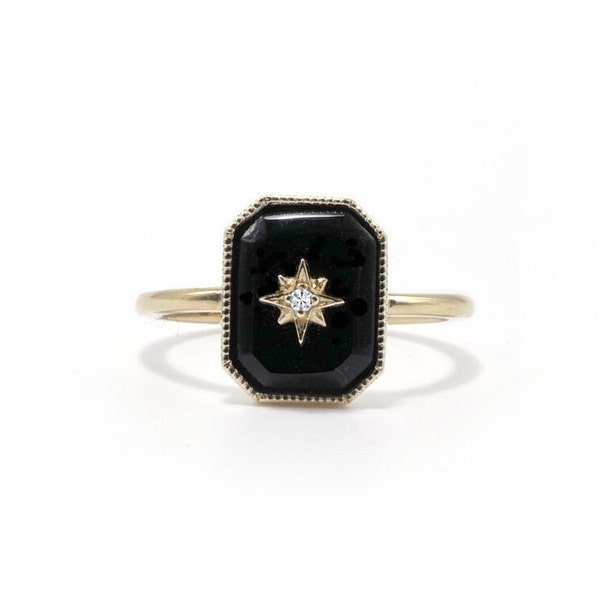 14K Solid Gold Northern star Ring, Black Onyx Engagement Ring, Emerald cut onyx ring, Vintage Onyx art deco ring, Celestial anniversary ring