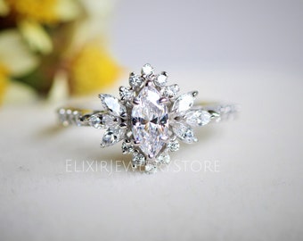14k White Gold Halo Engagement Ring, Marquise Cut Moissanite Starburst Ring, Vintage Marquise Cluster Diamond Wedding Ring, Anniversary Ring