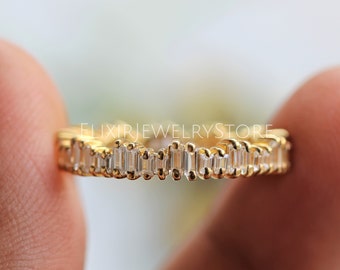 14k Gold Baguette Cut Moissanite Wide Wedding Band, Full Eternity Baguette Stackable Band, Gold Diamond Anniversary Band, Promise Band