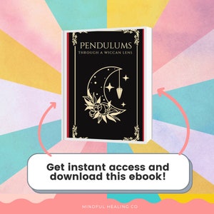 May include: A book cover with a black background and gold lettering. The title is "Pendulums Through a Wiccan Lens". The cover features a crescent moon with a pendulum hanging from it, and a floral design.