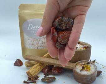 Detox Ritual Bath Gift Box - Jasper Crystal - Intuitive Healing Affirmation, Soak Salt Clove Osmanthus Organic Essential Oil - Spells Magic