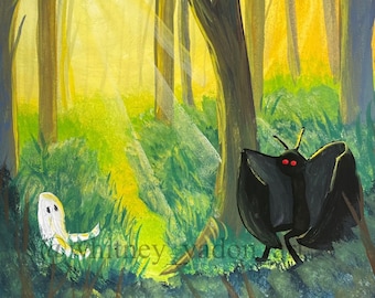 Mothman Kunstdruck: Cryptid & Fresno Nightcrawler im Wald