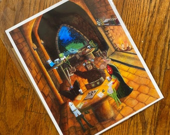 May include: A whimsical illustration of a group of fantastical creatures gathered around a table in a dimly lit room. A large, furry creature with a crown of flowers sits at the table, while a bird-like creature with a red beak and a green frog-like creature stand nearby. The room is decorated with a fireplace, a window with a view of a forest, and various other objects.