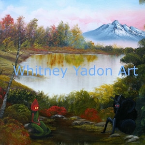 Może przedstawiać: Malowidło przedstawiające leśną scenę z jeziorem, górą w tle i dwiema postaciami. Postacie to osoba z czerwonymi włosami w zielonym płaszczu i czarna postać z czerwonymi oczami. Tekst "Whitney Yadon Art" jest widoczny w dolnej części obrazu.