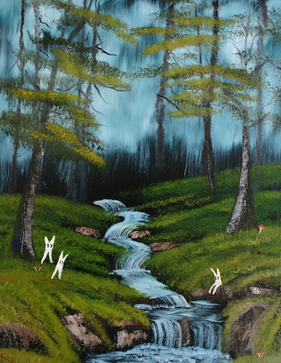 Three Fres-walkers Enjoying a Forest Stream Art Print, Cryptid Art