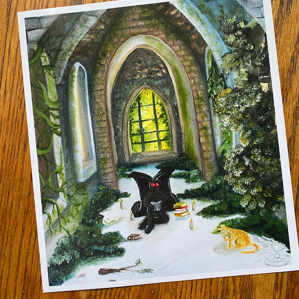 Mothman Reads to a Cat, Mothman Art, Mothman print, Mothman cat Painting, Mothman Prophecies, Cryptid Art, Cryptid Print