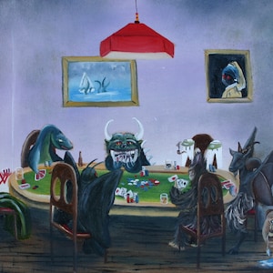 Cryptids jogando pôquer, cães jogando pôquer, arte kitsch, impressão de arte Cryptid, arte humorística de Cryptid, Mothman, monstro de Flatwoods, Hodag, Squonk