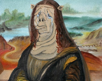 Könnte beinhalten: Ein Gemälde einer Person mit einem Schweinegesicht, die ein dunkles Kleid und eine lange braune Perücke trägt. Die Person weint und hat einen traurigen Ausdruck. Der Hintergrund ist eine Landschaft mit einem Fluss und Hügeln.