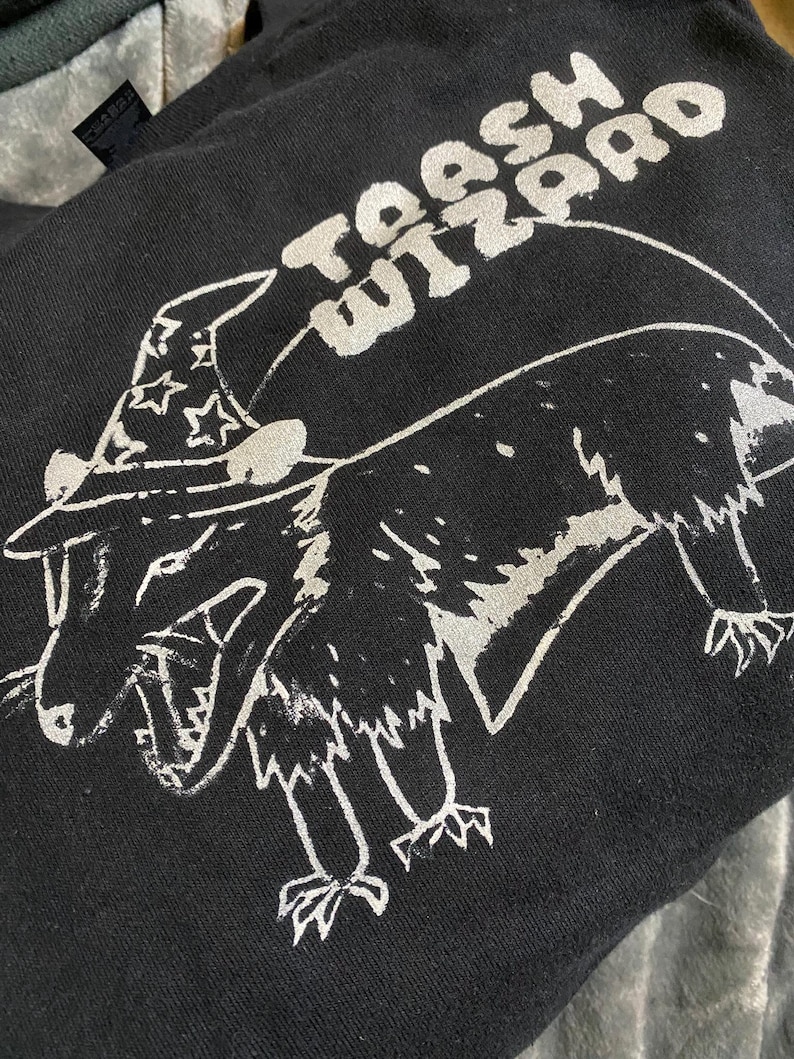 May include: Black sweatshirt with a white graphic of a cartoon animal wearing a wizard hat. The text "TOASH WIZARD" is printed above the animal.