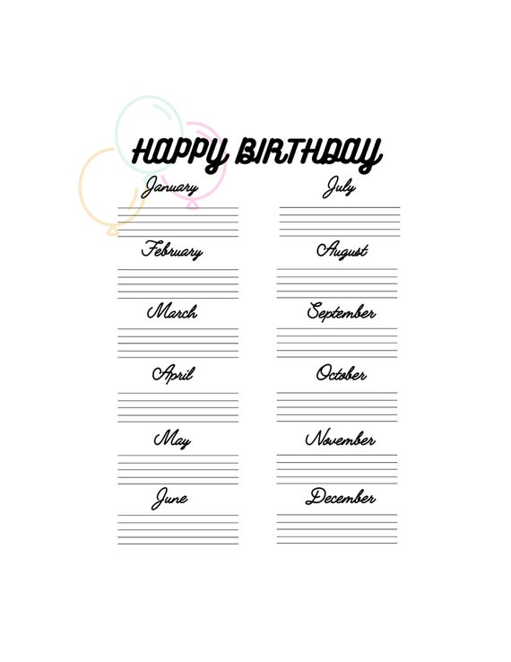 Monthly Birthday Printable Calendar | Etsy