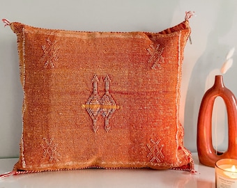 Moroccan Cactus Silk Tasseled Pillow Case, Handwoven Pillow Case, Burnt Orange Pillow Case, Decorative Throw Pillow, 18x18