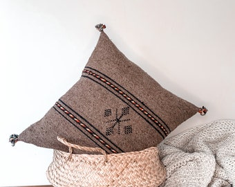 Bohemian Tasseled Pillow Case, Handwoven Moroccan Pillow Case, Decorative Throw Pillow, 18"x18" Espresso