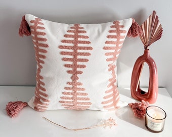Pink and white tasseled pillow, Modern Throw Pillow, Minimalist Boho Pillow, Authentic Decorative Pillow