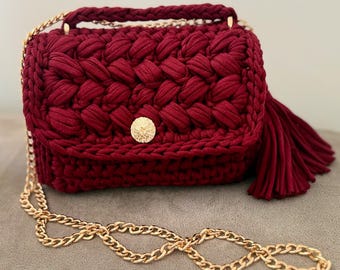 Handmade Crochet Bag - Burgundy Passion - Eco-Friendly Yarn - Small Shoulder Bag - Zpagetti Style