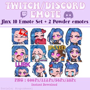 Jinx 10 pack emote + 2 PowPow Emotes | Arcane | LoL | Twitch & Discord emotes