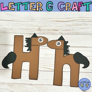 May include: A craft activity for kids to learn the letter G. Two brown horses are shaped like the letter G. The horses have black manes, tails, and ears. The horses have white eyes. The craft is titled "Letter G Craft".
