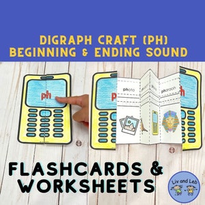 May include: A printable craft activity for teaching the digraph "ph" in the English language. The craft features a foldable phone with pictures and words like "photo" and "pharaoh". The printable also includes flashcards and worksheets.