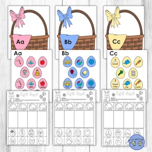 May include: Educational Easter-themed activity sheets. Each sheet features a basket with a letter and matching images inside eggs. The sheets include the letters Aa, Bb, and Cc, with corresponding images and a sorting activity.