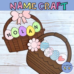 May include: A printable craft activity for kids to create Easter baskets with their names. The craft features a brown basket with a pink bow and colorful eggs with letters spelling out the name "Nolan".