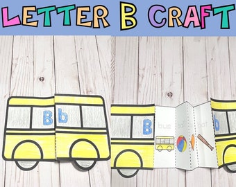 Puede incluir: Una actividad de manualidades imprimible para que los niños aprendan la letra B. La manualidad presenta un autobús escolar amarillo con la letra B en la parte delantera y palabras como "autobús", "pelota" y "bate" en el interior.