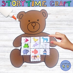 May include: A brown bear-shaped craft with the text "Storytime Craft" at the top. The bear has a puzzle with animal illustrations, including a bird, duck, horse, frog, cat, dog, sheep, fish, and children. A hand is pointing at the puzzle.
