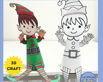 May include: A colorful Christmas craft featuring two elf figures. One is fully colored with green, red, and brown, while the other is a black and white outline. The text "CHRISTMAS CRAFT" is at the top, and "3D CRAFT" is on a yellow star.