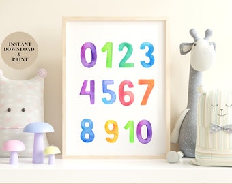Lámina con números de arcoíris en acuarela, póster para habitación infantil o sala de juegos (descarga digital)