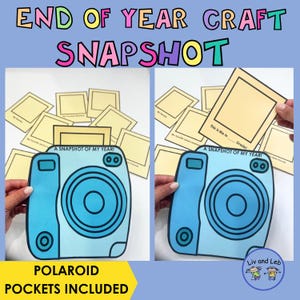 Può includere: Un progetto di artigianato con il testo "END OF YEAR CRAFT SNAPSHOT". L'immagine mostra un ritaglio di fotocamera Polaroid blu con uno sfondo giallo e diversi piccoli ritagli di foto gialle. È visibile anche il testo "POLAROID POCKETS INCLUDED".