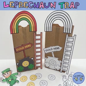 Könnte beinhalten: Ein Bastelprojekt für Kinder, um eine Koboldfalle aus einer braunen Papiertüte, einem Regenbogen, einer Leiter und einem Topf voll Gold zu basteln. Die Falle ist mit grünen Kleeblättern und goldenen Münzen verziert.