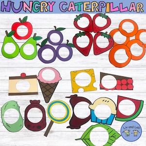 May include: Colorful paper cutouts of food items, including an apple, pear, plums, strawberries, oranges, cake, ice cream, cheese, a pie, and a watermelon. The text "HUNGRY CATERPILLAR" is at the top.