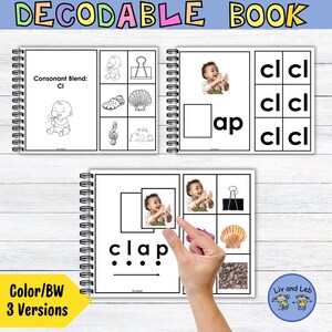 Puede incluir: Un libro descifrable con espiral con el título "DECODABLE BOOK" en la parte superior. El libro presenta ilustraciones en blanco y negro y el texto "Consonant Blend: CI" y "clap". El libro está diseñado para fines educativos.