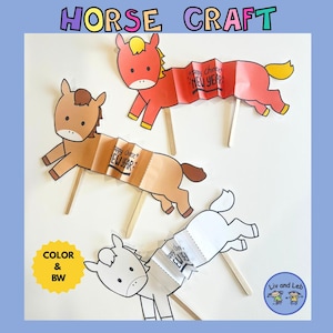 May include: Three paper horse crafts in red, brown, and white, each with a folded paper body and wooden stick legs. The text "Happy Chinese New Year" is visible on the paper bodies. The words "HORSE CRAFT" and "COLOR & BW" are at the top and bottom.