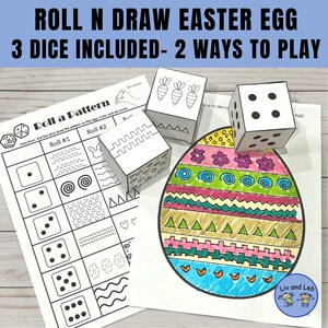 May include: An illustrated Easter egg with a black outline, filled with colourful patterns. The image shows three dice and a worksheet with patterns. Text on the image reads "Roll N Draw Easter Egg" and "3 Dice Included - 2 Ways to Play."