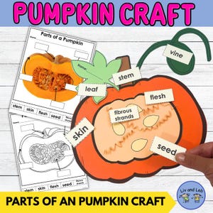 May include: A pumpkin craft activity set featuring a large orange paper pumpkin with labels for stem, leaf, vine, skin, flesh, fibrous strands, and seed. Includes two worksheets titled Parts of a Pumpkin with diagrams for labelling pumpkin anatomy.