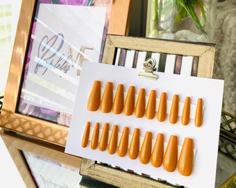 August | Orange Press On Nails | Glue On Nails | 20 pc Set