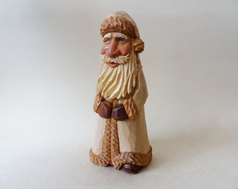 Wood Carving - Hand Carved Santa Figure - Santa In Beige Coat - Christmas Decoration