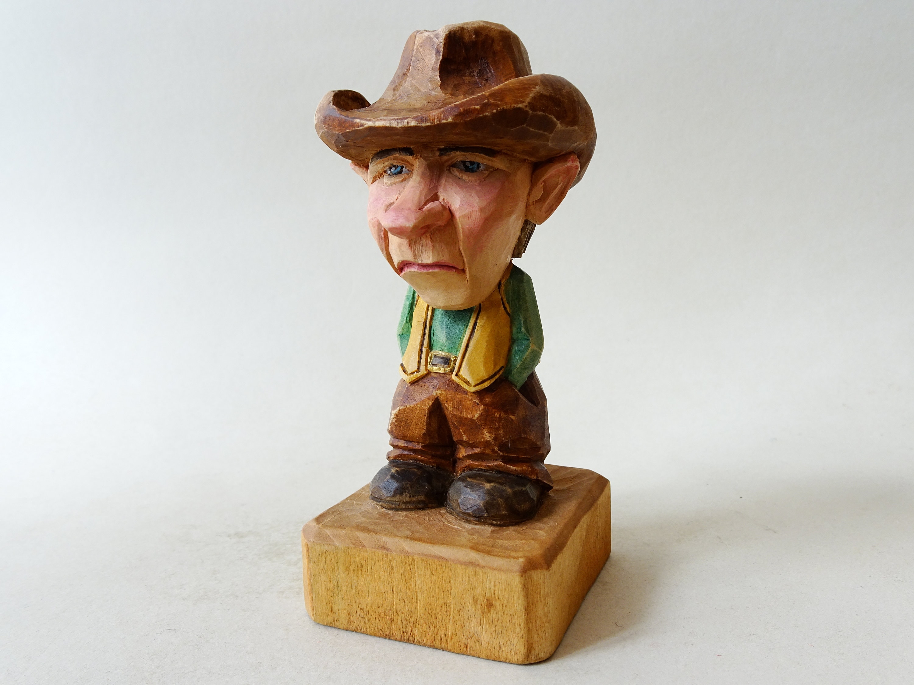 Hand Carved Wooden Cowboy Figure – Acrylic Painted Basswood
