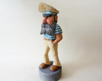 Hand Carved Wooden Sea Captain Sculpture | Nautical Folk Art Figure | Basswood Sailor Statue | Rustic Maritime Coastal Decor