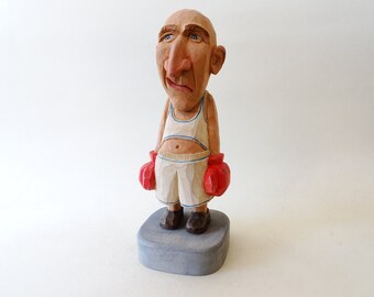 Wood Carving - The Funny Boxer - Wooden Statuette Of A Boxer - Wooden Figure - Hand Carved And Painted