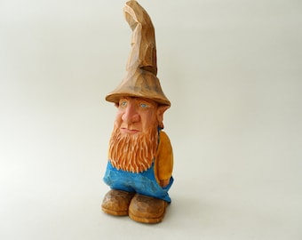 Wood Carving - Figure of Hillbilly With Tall Funny Hat - Hillbilly Farmer - Home Decor - Folk Art - Gnome - Elf - Hand Painted