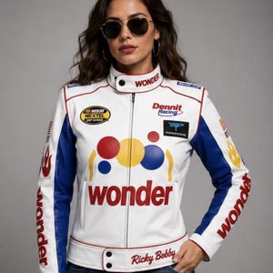 May include: A white racing jacket with blue sleeves, featuring red, yellow, and blue circular graphics on the chest. The jacket displays the text "wonder" in red, "Dennit Racing", "Powerade", "Nextel", and "Ricky Bobby" in black script.