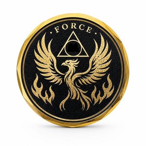 Peut inclure: Un médaillon circulaire doré avec un bord à facettes. Le centre présente une incrustation noire texturée avec un phénix doré s'élevant des flammes. Au-dessus du phénix se trouve un symbole triangulaire et le mot FORCE en lettres capitales dorées.