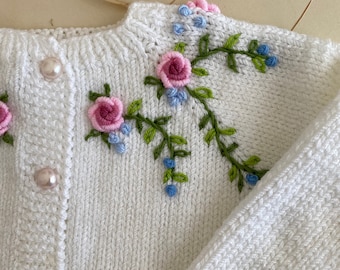 Hand knit baby cardigan, baby girl sweater, the unique complement to your little girl's outfits.