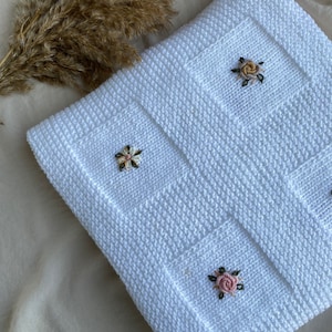 Hand knitted baby blanket, baby girl blanket, embroidered baby blanket handmade blanket, baby shower gift